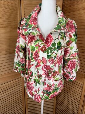Floral Zip-Front Jacket in White with Pink & Green Rose Print